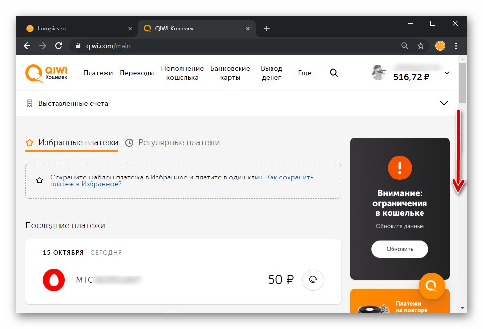 الصفحة الرئيسية لخدمة QIWI Wallet