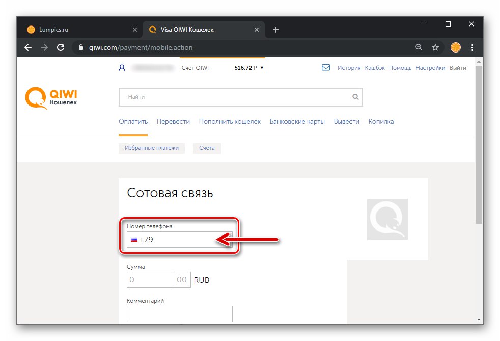QIWI Wallet إدخال رقم هاتف في قسم الدفع في موقع الخدمة