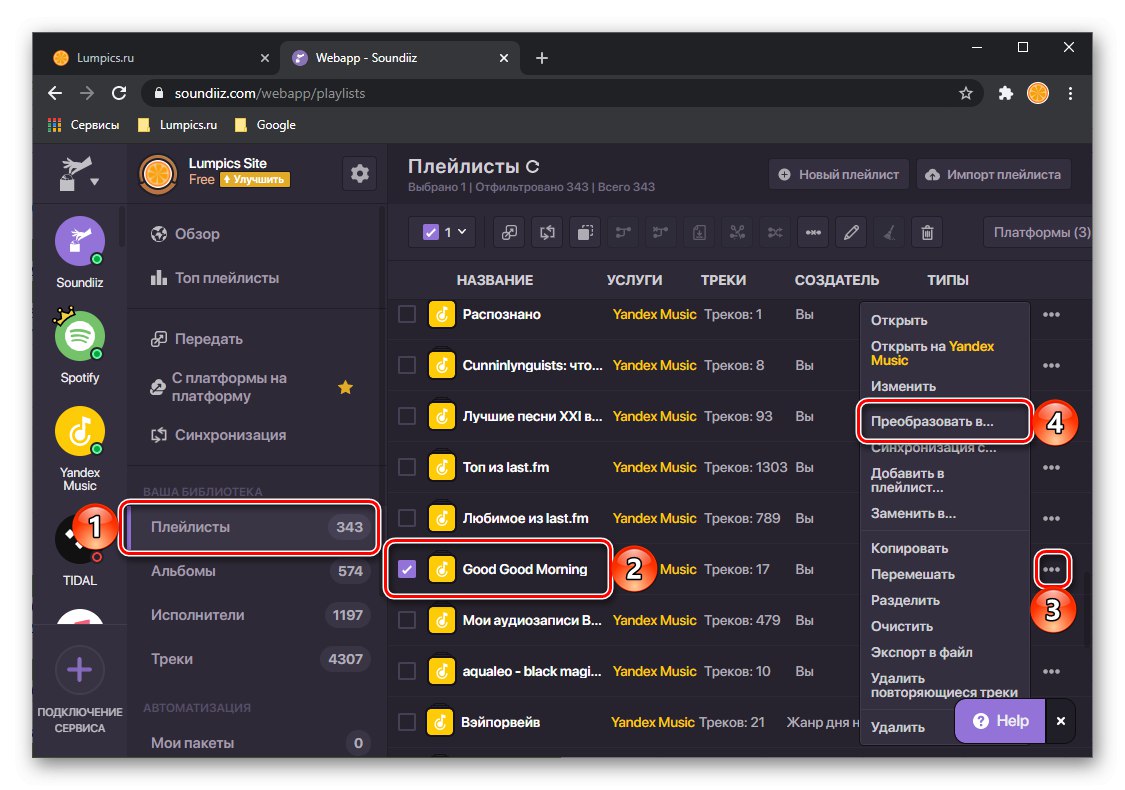 Výber a konverzia zoznamu skladieb z Yandex.Music do Spotify na webovej stránke Soundiiz v prehliadači na počítači