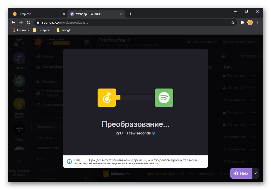 Preveďte zoznam skladieb z Yandex Music do Spotify na webe Soundiiz v prehliadači na PC