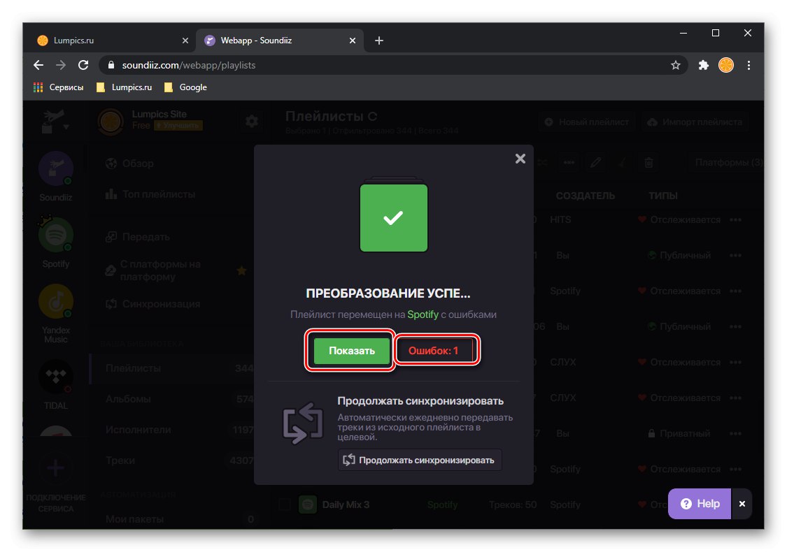 Úspešná konverzia zoznamu skladieb z Yandex.Music na Spotify na webe Soundiiz v prehliadači na PC