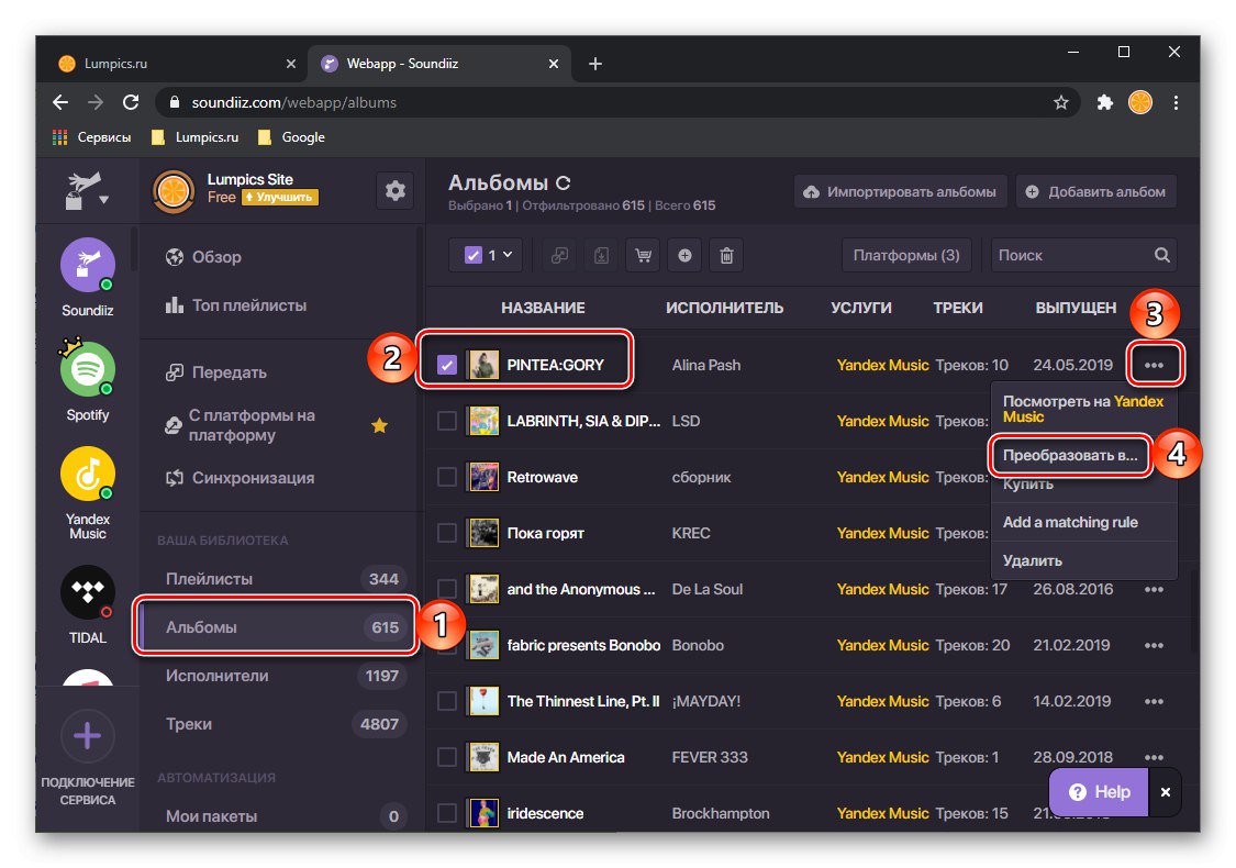 Výber albumu na prenos z Yandex.Music do Spotify na webovej stránke Soundiiz v prehliadači na počítači