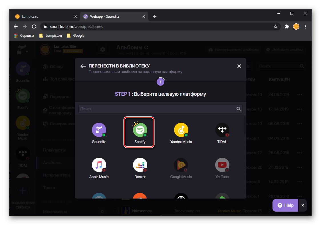 Výber platformy na prenos albumu z Yandex.Music do Spotify na webovej stránke Soundiiz v prehliadači na počítači