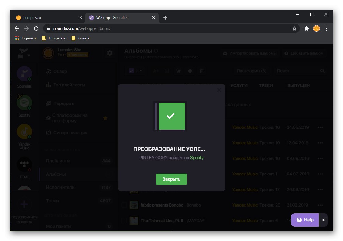 Úspešný prenos albumu z Yandex.Music do Spotify na webe Soundiiz v prehliadači na PC