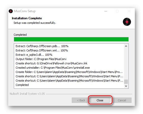 Dokončenie inštalácie programu MusConv na prenos knižnice z Yandex.Music do Spotify na PC