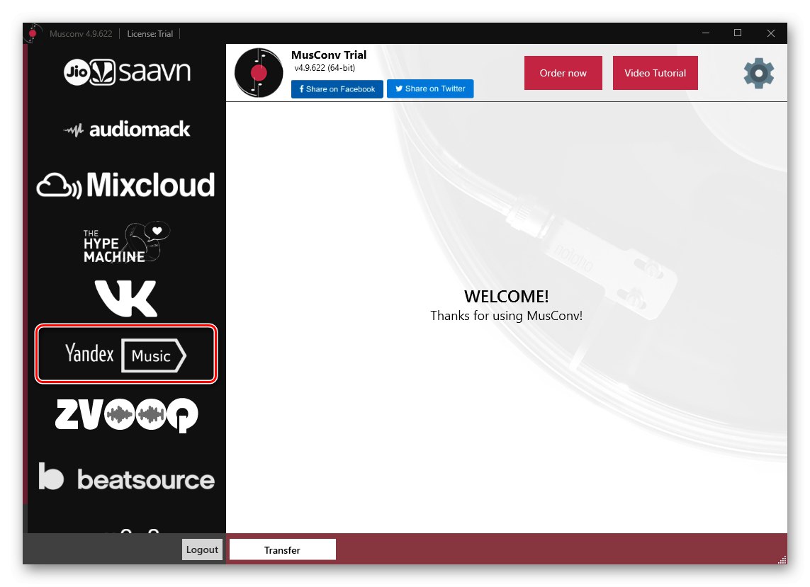 Výber zdrojovej služby v programe MusConv na prenos knižnice z Yandex.Music do Spotify na PC