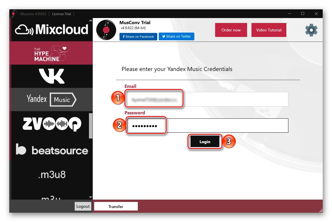 Zadanie prihlasovacieho mena a hesla do programu MusConv na prenos knižnice z Yandex.Music do Spotify na PC