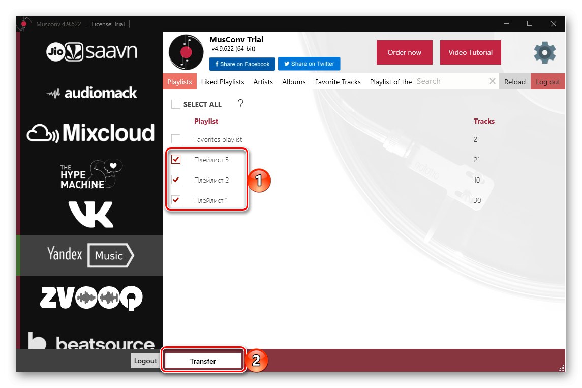 Vyberte zoznamy skladieb v programe MusConv, aby ste preniesli knižnicu z Yandex.Music do Spotify na PC