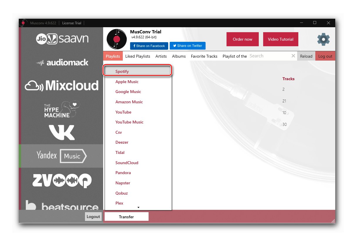 Výber cieľovej platformy v programe MusConv na prenos knižnice z Yandex.Music do Spotify na PC