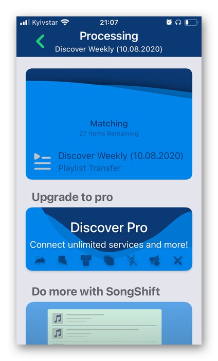 Čakanje, da se YouTube Spotify Music Transfer dokonča v aplikaciji SongShift na iPhoneu