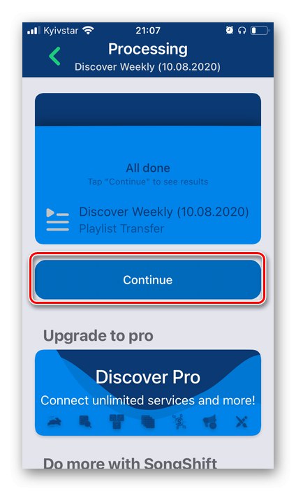 Dokončanje postopka za prenos glasbe iz YouTuba v Spotify v aplikaciji SongShift na iPhonu
