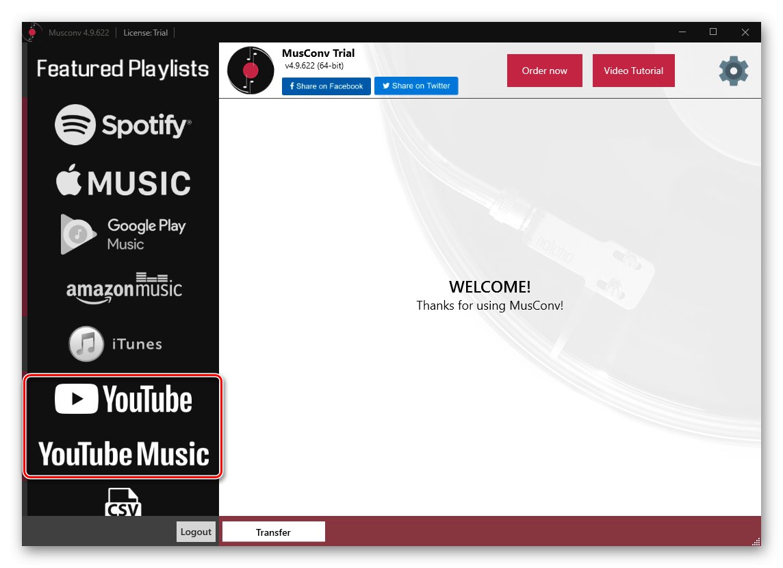 اختيار المصدر لنقل الموسيقى من YouTube إلى Spotify في MusConv