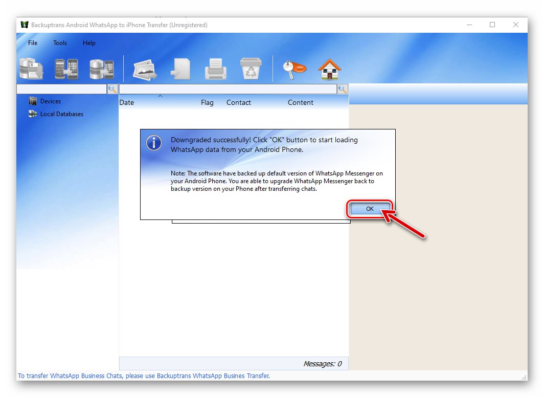 Backuptrans WhatsApp Transfer понижаването на версията на messenger на Android смартфон завърши успешно