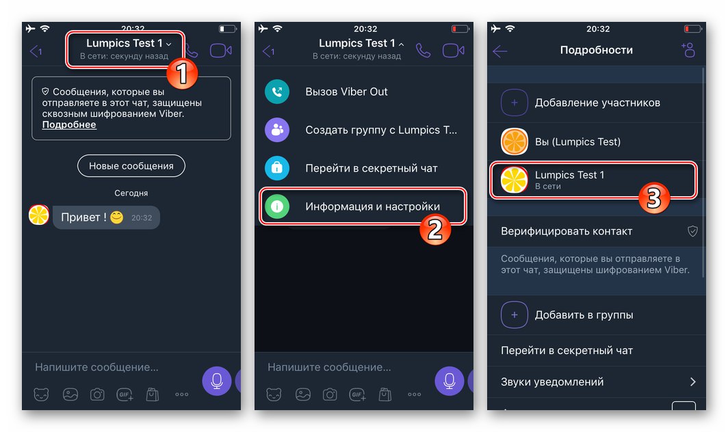 Viber за iOS, преглеждащ телефонния номер на събеседника от екрана с подробности за чата