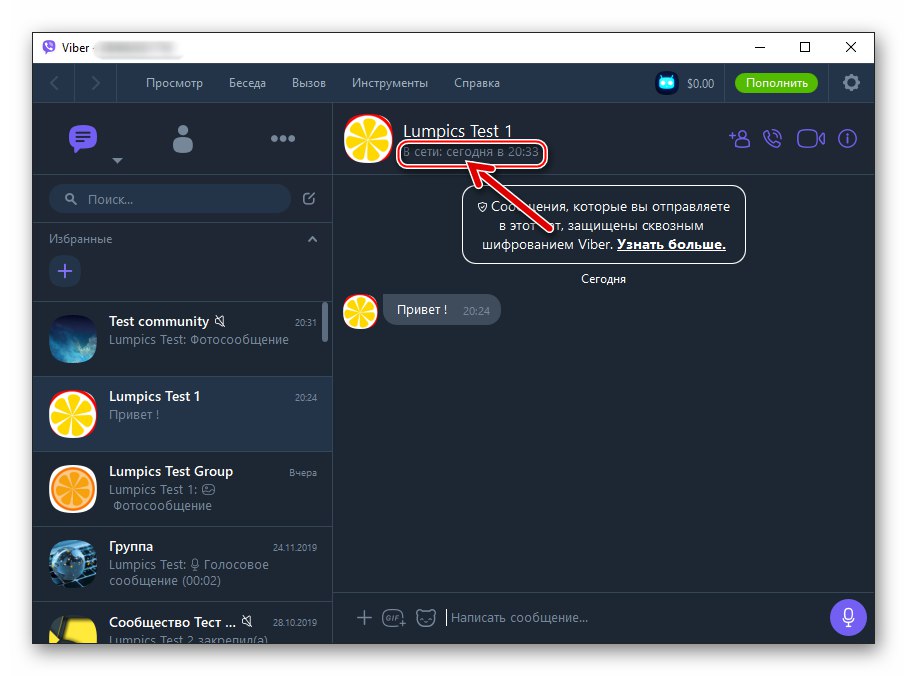 Състояние на Viber за Windows онлайн в прозореца за чат в месинджъра