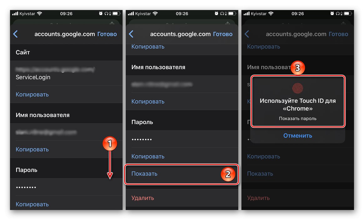 Преглед на запазената парола от сайта в браузъра Google Chrome на iPhone
