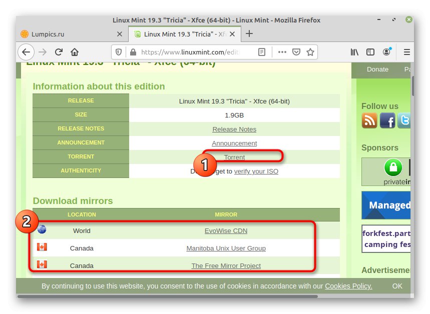 Преузимање верзије дистрибуције са званичне странице за Линук Минт поред Линук Минт