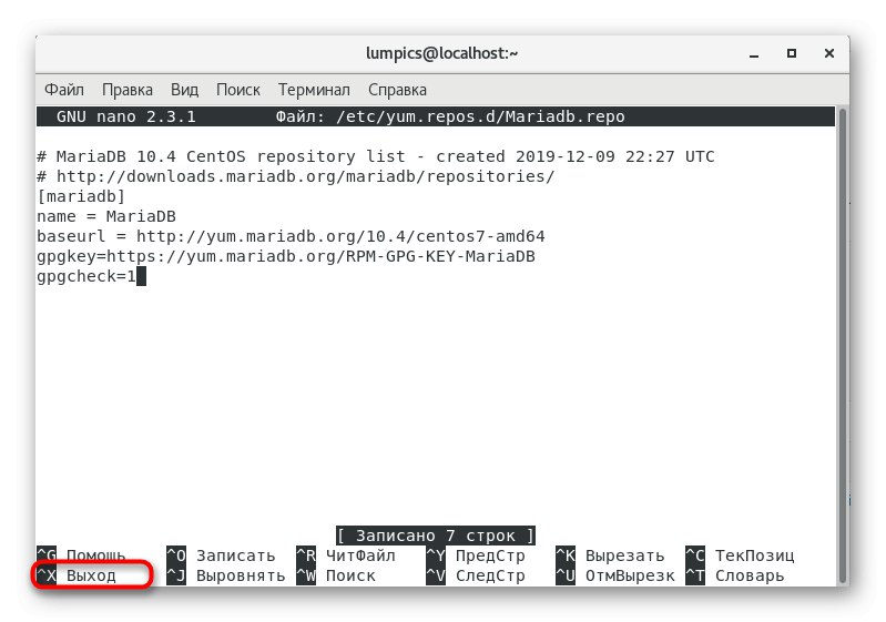 Ukončite textový editor a nainštalujte MariaDB na CentOS 7