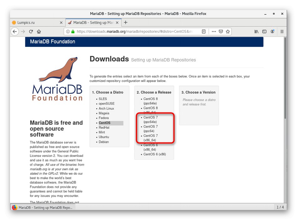 Výber distribučnej verzie na inštaláciu aplikácie MariaDB na serveri CentOS 7