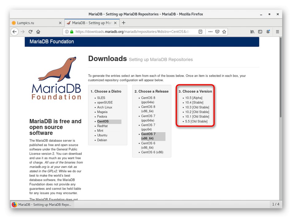 Výber zostavenia distribúcie na inštaláciu aplikácie MariaDB na serveri CentOS 7