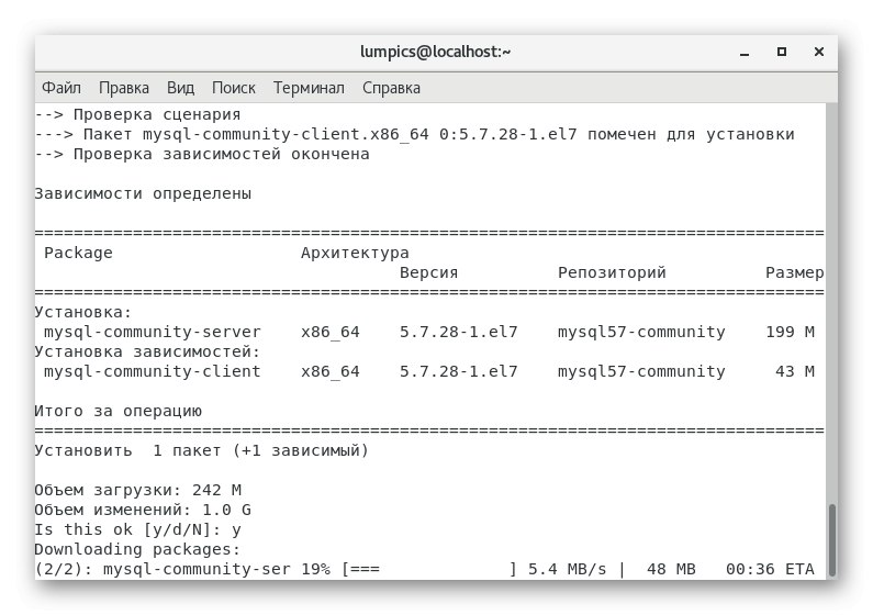 Čakanje na namestitev MySQL DBMS v CentOS 7 prek terminala