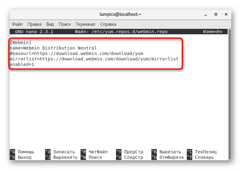 Naplnění obsahu souboru úložiště při instalaci Webmin na CentOS 7