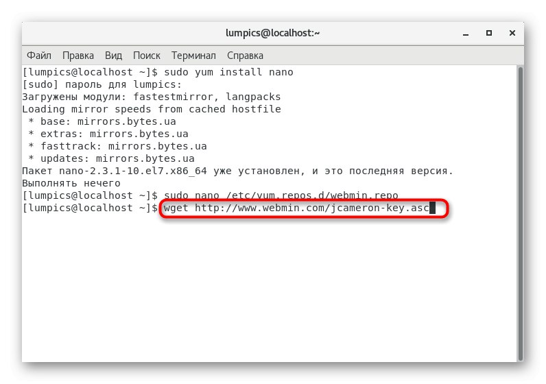 Zadáním příkazu stáhnete veřejný klíč Webmin na CentOS 7 z přidaného úložiště