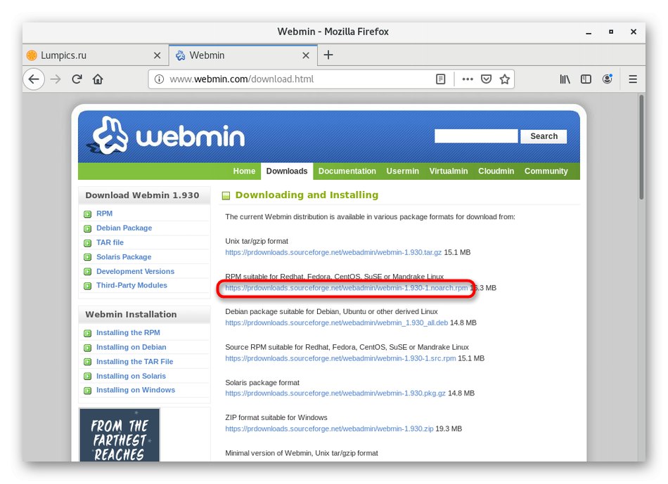 Získání odkazu ke stažení Webmin na CentOS 7 z oficiálních webových stránek