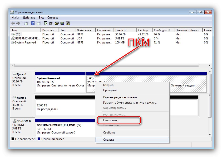 Smanjivanje glasnoće za instaliranje sustava Windows 7 ispod sustava Windows 7 na drugu particiju
