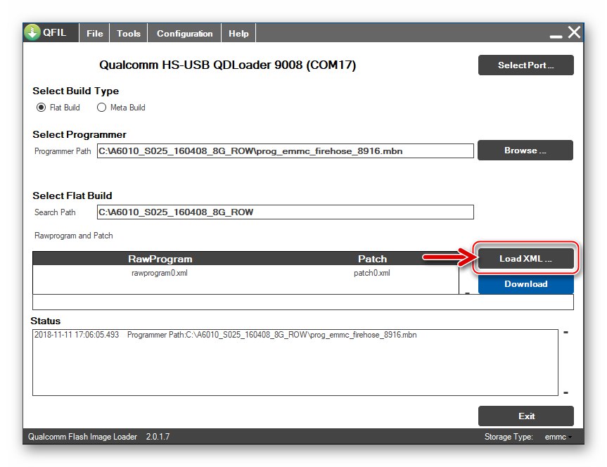 Gumb Lenovo A6010 QFIL za dodajanje datotek rawprogram.xml in patch0.xml v aplikacijo