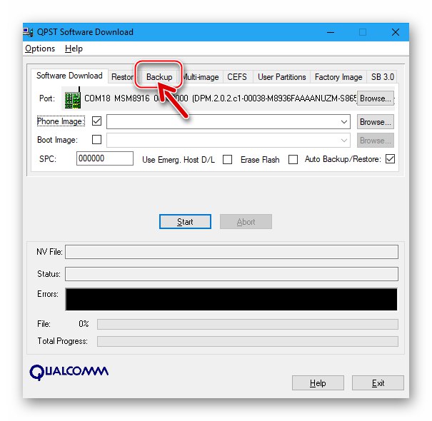 Zavihek Lenovo A6010 Backup v Utilities Software Download iz QPST za ustvarjanje varnostne kopije IMEI