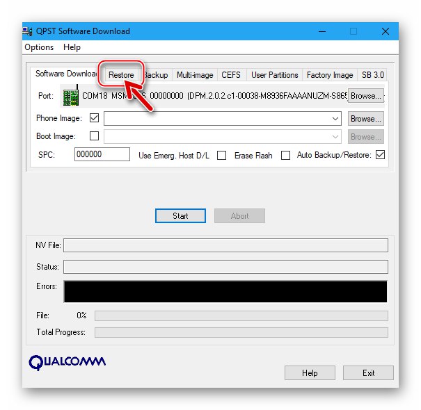 Lenovo A6010 popravi IMEI na telefonu prek QPST - zavihek Restore v oknu pripomočka za prenos programske opreme