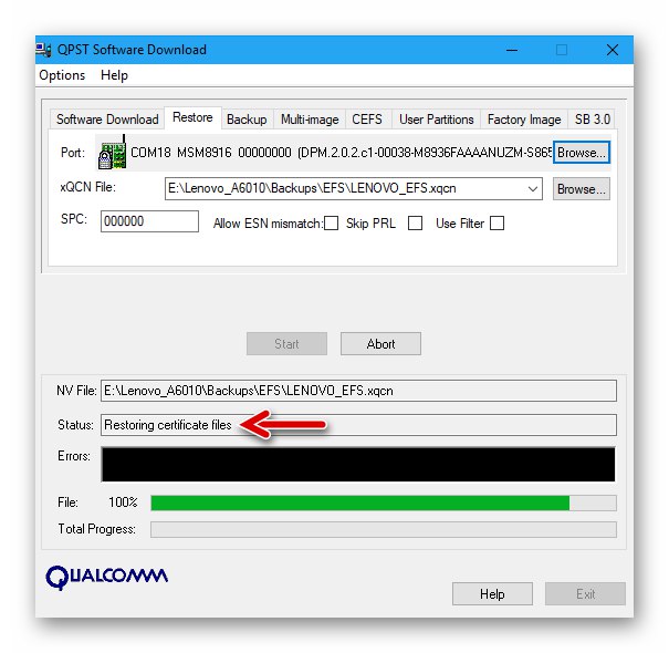 Lenovo A6010 Proces popravljanja stanja omrežja na telefonu prek QPST - Pripomoček za prenos programske opreme