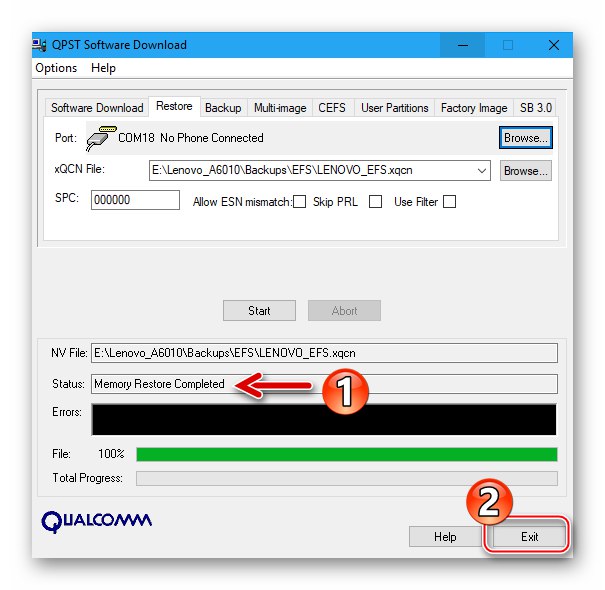 Pripomoček za prenos programske opreme Lenovo A6010 QPST - Dokončano je obnovitev sistema EFS iz varnostne kopije