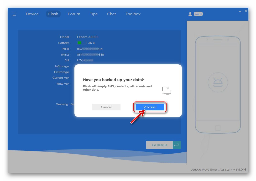 Opozorilo Lenovo A6010 Smart Assistant za varnostno kopiranje pred posodobitvijo vdelane programske opreme