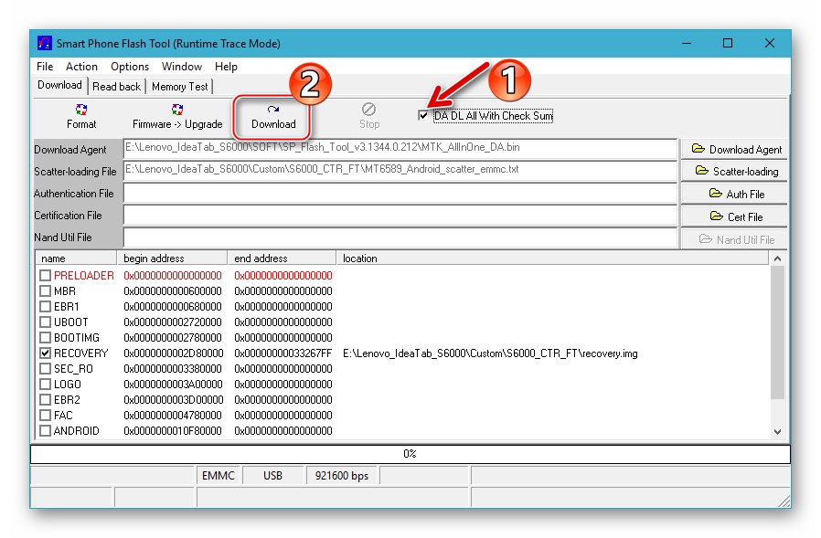 Lenovo IdeaTab S6000 започнете да инсталирате възстановяване чрез SP Flash Tool