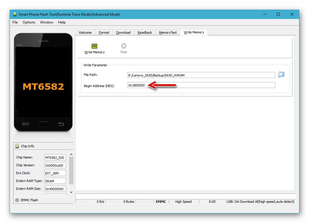 Narzędzie Lenovo S650 SP Flash Tool wprowadzające adres początkowego bloku NVRAM w polu aplikacji na zakładce Write Memory
