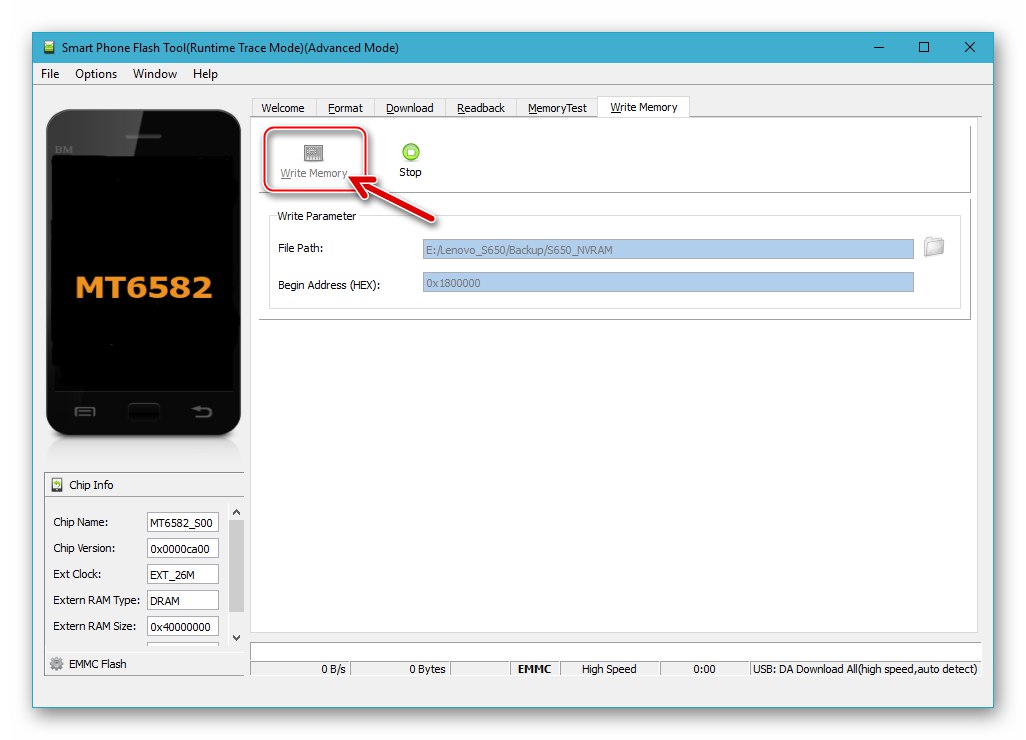 Narzędzie Lenovo S650 SP Flash - przycisk zapisu pamięci - przejdź do odzyskiwania NVRAM, podłącz smartfon