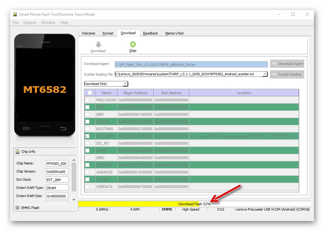 Proces Lenovo S650 instalacji zmodyfikowanego odzyskiwania TWRP za pomocą narzędzia Flash