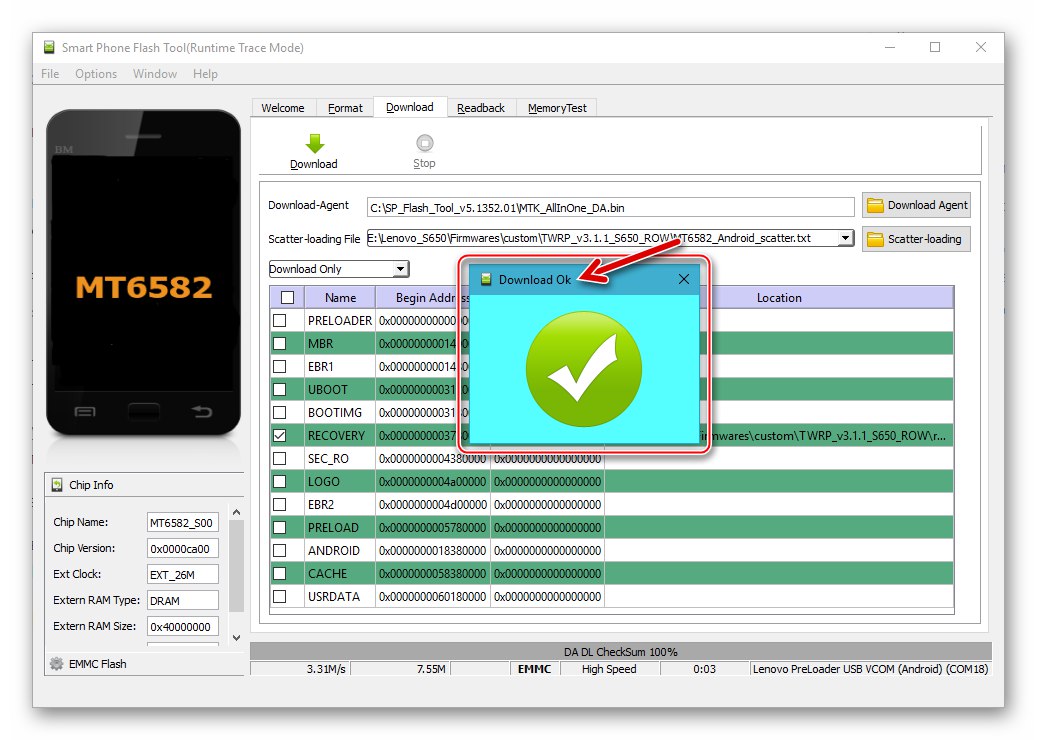 Lenovo S650 niestandardowe odzyskiwanie TWRP ROW zainstalowane za pomocą narzędzia SP Flash