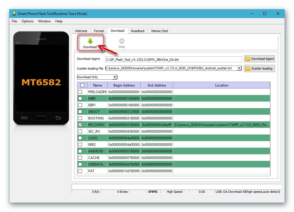 Narzędzie Lenovo S650 SP Flash Tool rozpoczyna instalację niestandardowego odzyskiwania TWRP dla pamięci znaczników CN