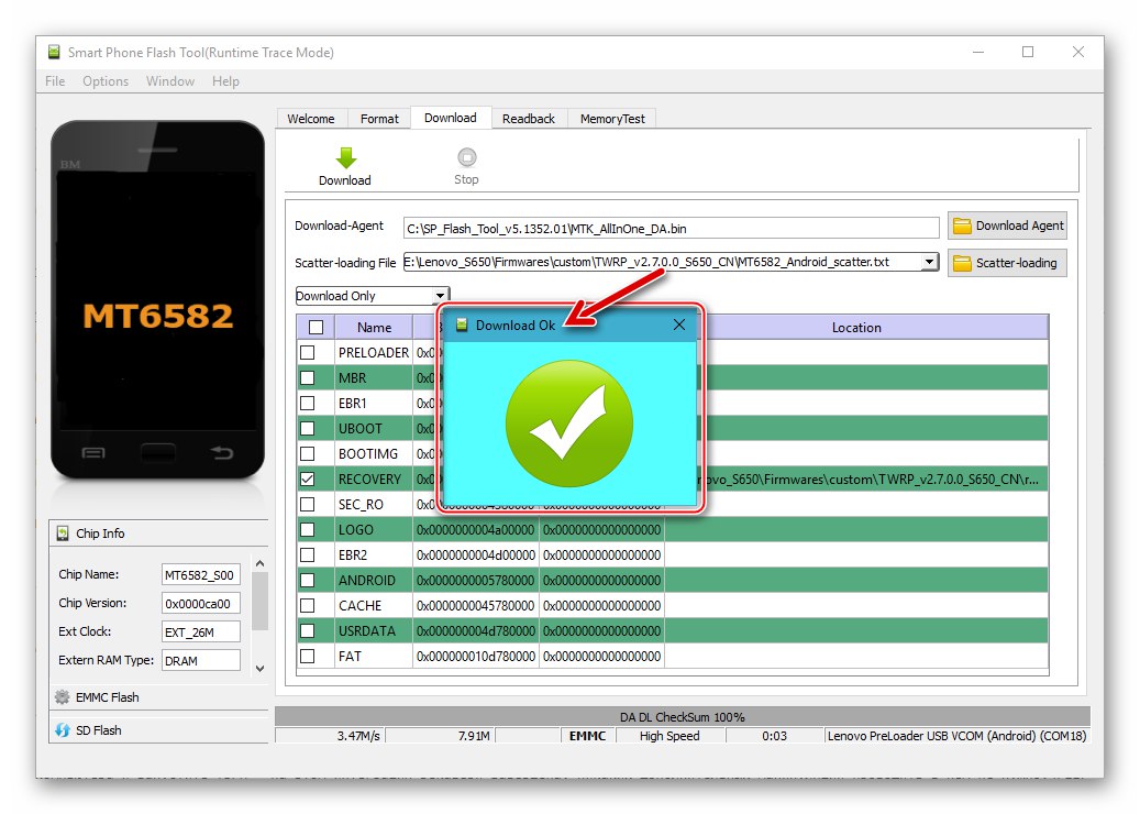 Zainstalowano niestandardowe narzędzie do odzyskiwania TVRP Lenovo S650 Flash Tool dla znaczników CN