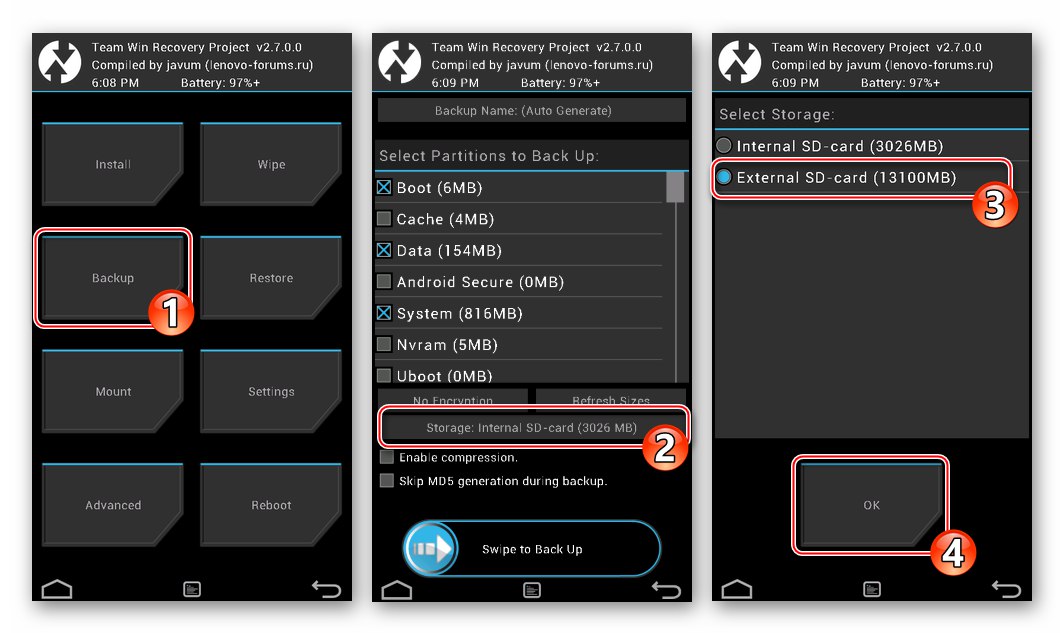 Kopia zapasowa Lenovo S650 Recovery TWRP 2.7.0.0 (CN) - wybór lokalizacji przechowywania kopii zapasowej
