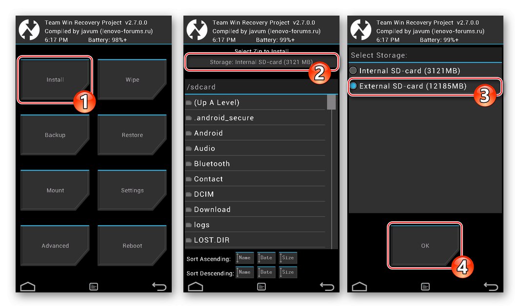 Lenovo S650 TWRP 2.7.0.0 (CN) instaluje niestandardowe oprogramowanie układowe - wybierając źródło pliku zip