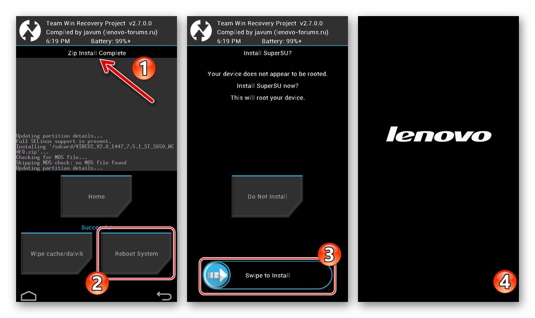 Lenovo S650 TWRP 2.7.0.0 (CN) uruchomi się ponownie na Androida, uzyskując uprawnienia roota z odzyskiwania po zainstalowaniu niestandardowego