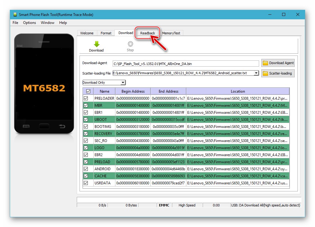 Narzędzie Flash Lenovo S650 przejdź do zakładki Readback, aby utworzyć kopię zapasową partycji NVRAM