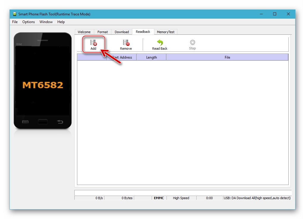 Narzędzie Lenovo S650 SP Flash - przycisk Dodaj na karcie Odczyt w celu sprawdzenia obszaru