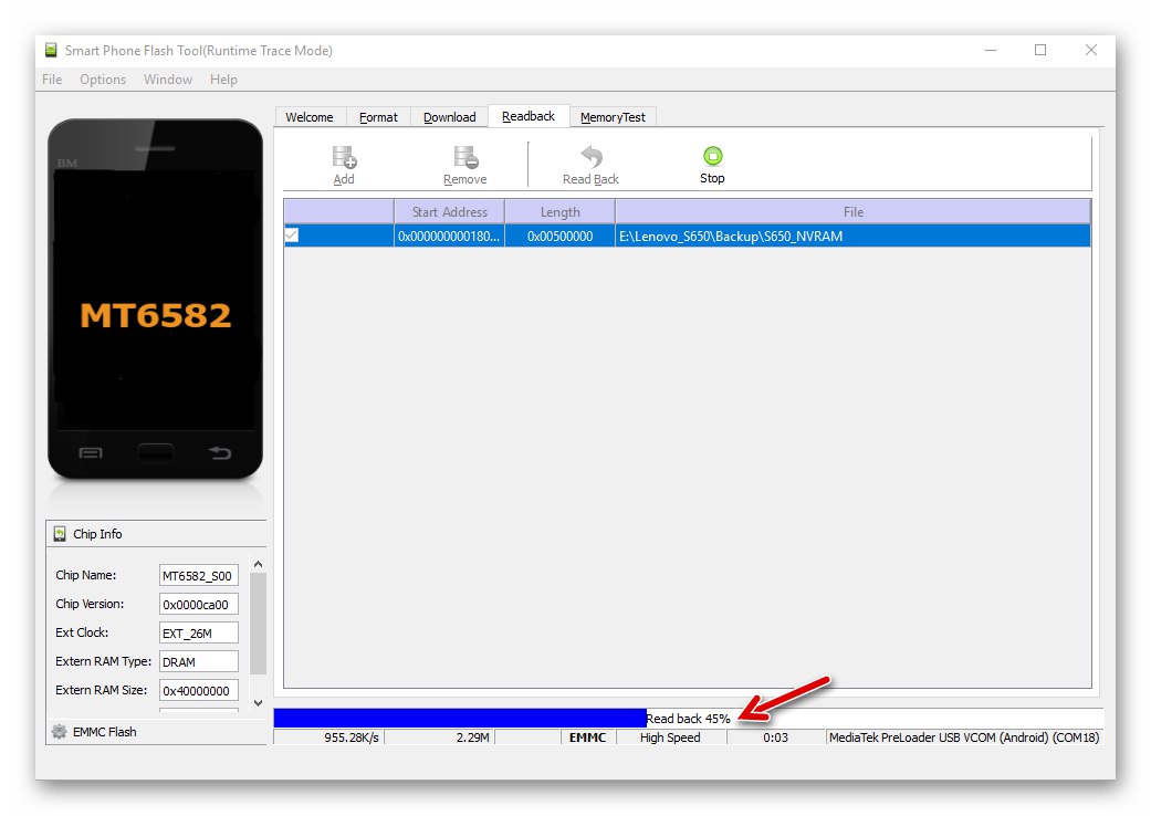 Lenovo S650 SP Flash Tool proces odczytu danych z partycji NVRAM i zapisania ich do kopii zapasowej