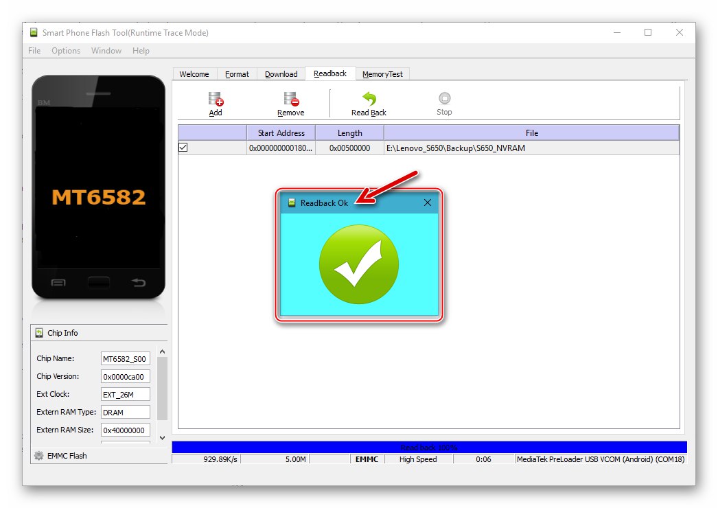 Lenovo S650 SP Flash Tool Odczyt zrzutu pamięci NVRAM i zapisywanie danych do pliku kopii zapasowej zakończone
