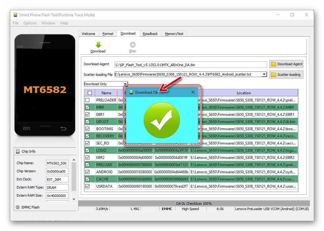 Oprogramowanie układowe smartfona Lenovo S650 za pośrednictwem narzędzia SP Flash Tool w trybie Tylko pobieranie zostało ukończone